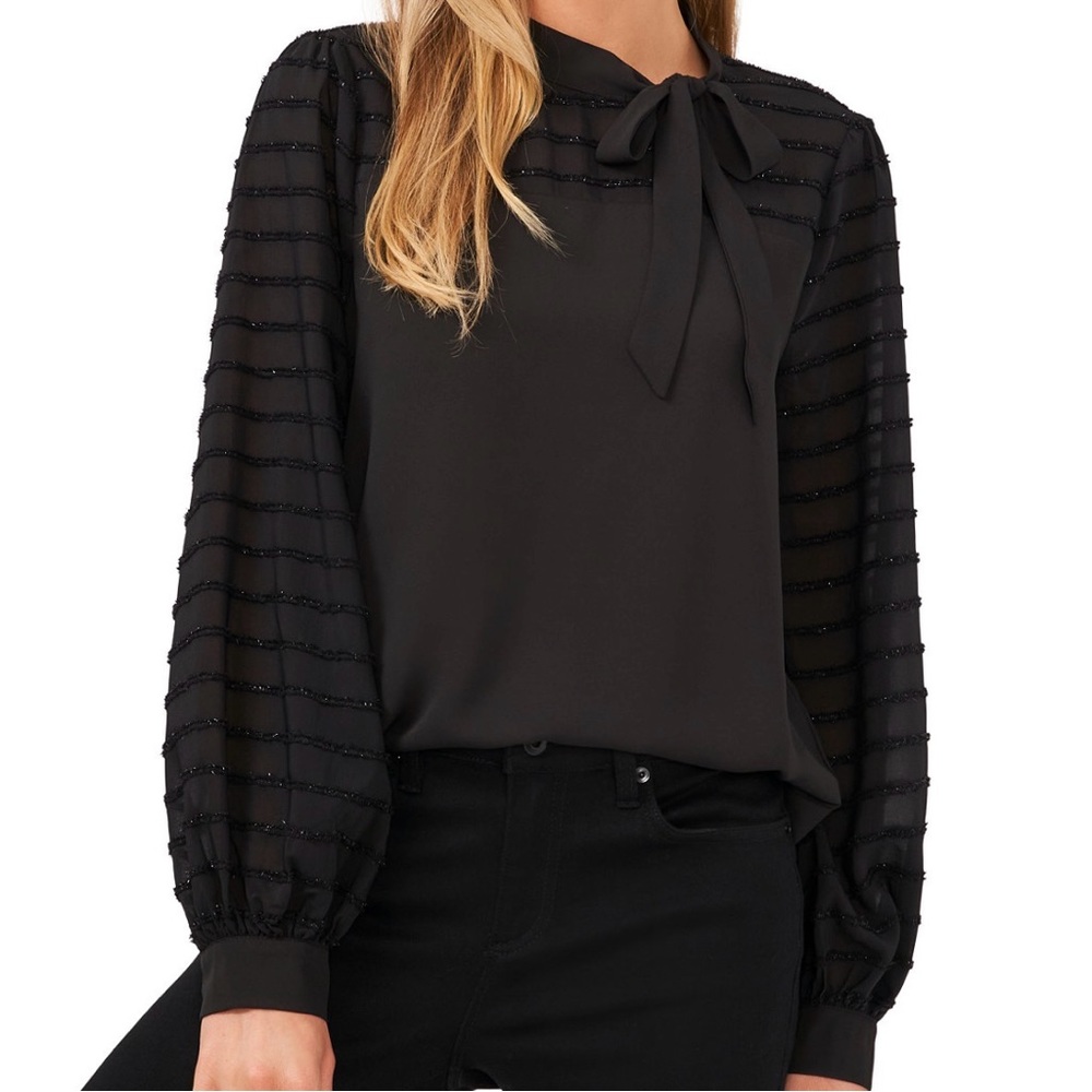 NWT Cece Black Contrast Trim Tie Neck Blouse